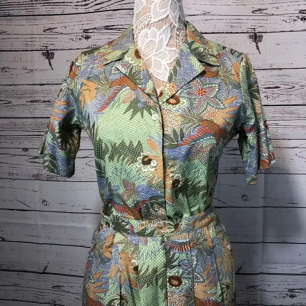 Vintage AGILE tropical Blouse & midi skirt set in green both medium